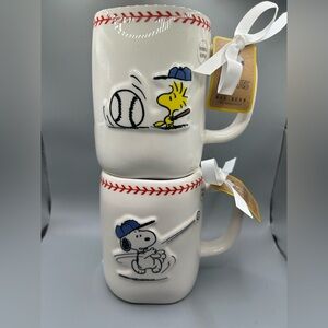 Rae Dunn Peanuts Snoopy Woodstock BALL GAME And PLAY BALL Baseball Mug Set NEW